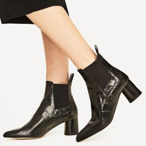 Zara Black Croc Embossed Leather Ankle Boots